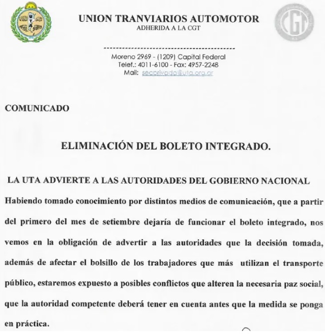 UTA advirtió sobre "posibles conflictos que alteren la paz social" por la eliminación de la Red SUBE 2 UTA1